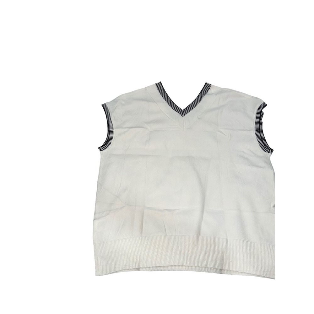 DOKOTOO White V Neck Knit Vest Sweater Sleeveless Striped Trim - Picture 4 of 8